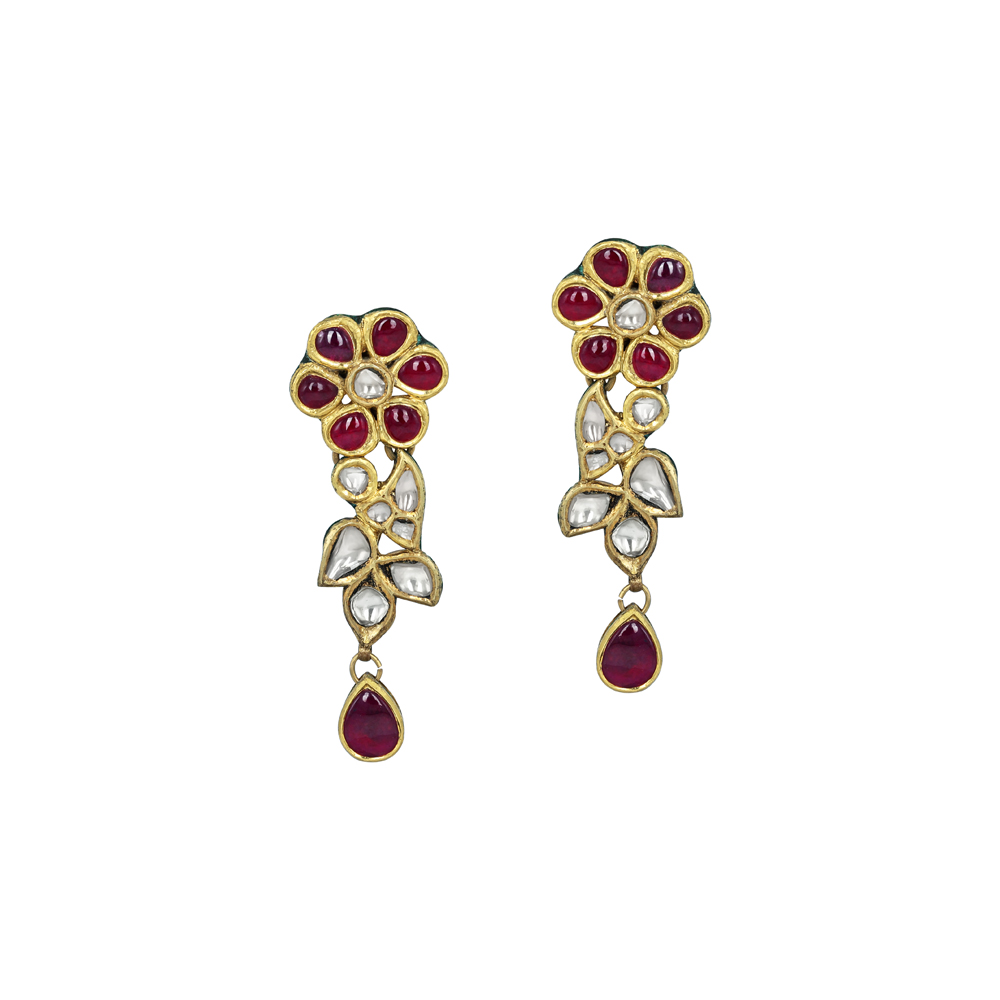 Floral Red Cabochon Earrings with Polki Diamonds and Teardrops